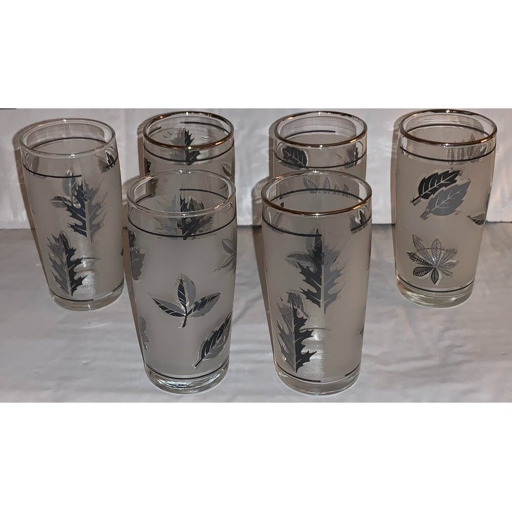 Vintage Libbey Frosted Silver Leaf Juice Glasses Tumblers (Set of 6) 4" tall